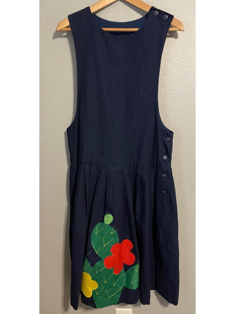 Vintage Handmade Jumper Maxi Dress Womens Medium Cactus Floral Applique Art READ